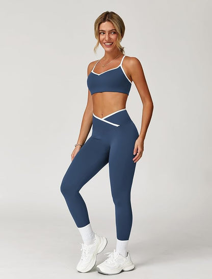 ABOCIW Workout Sets for Women 2 Piece Color Block Strappy Sports Bra High Waist Leggings Gym Yoga