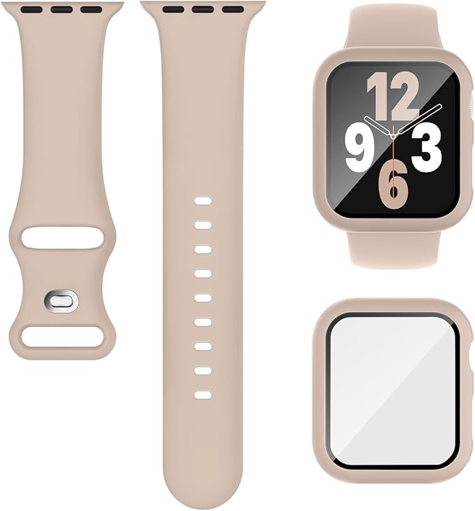 Compatible for Apple Watch Band 44mm 45mm and Case with Screen Protector, Soft Silicone Sport Strap