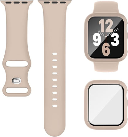 Compatible for Apple Watch Band 44mm 45mm and Case with Screen Protector, Soft Silicone Sport Strap