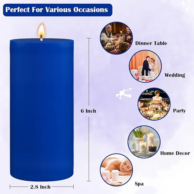3 Packs 2.8x6 Inch Blue Colored Pillar Candles, Unscented Dripless Non-Toxic Smokeless Clean Long