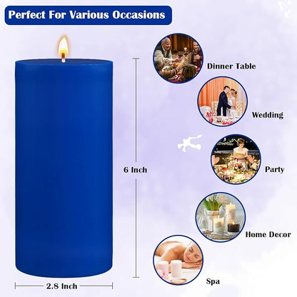 3 Packs 2.8x6 Inch Blue Colored Pillar Candles, Unscented Dripless Non-Toxic Smokeless Clean Long