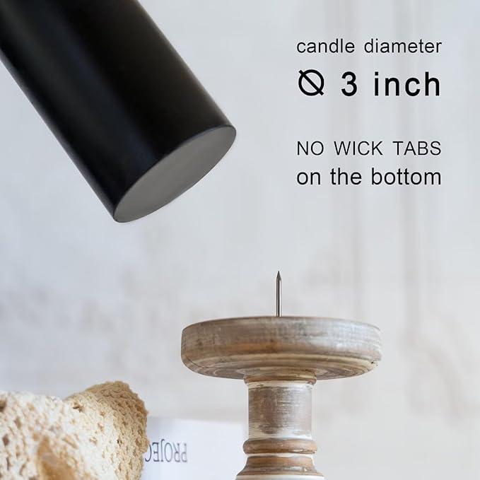 MOZEAL 3" x 8" Hand-Poured Unscented Candles,Large Black Pillar Candles Set of 2,No Drip,Approx 120