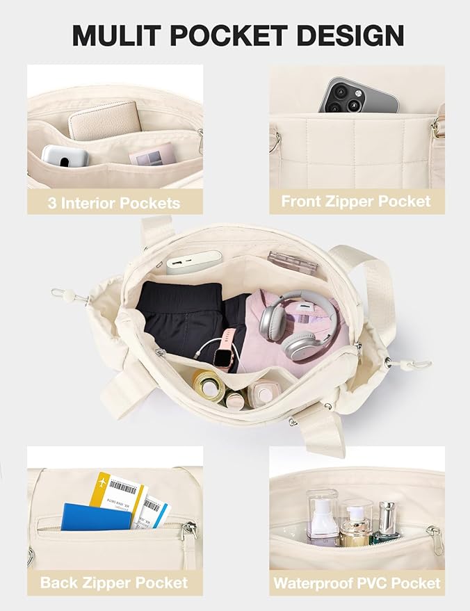 VUUDH Puffy Mini Gym Bag for Women, Carry On Multi-Pocket Water-Resistant Duffel, Lightweight
