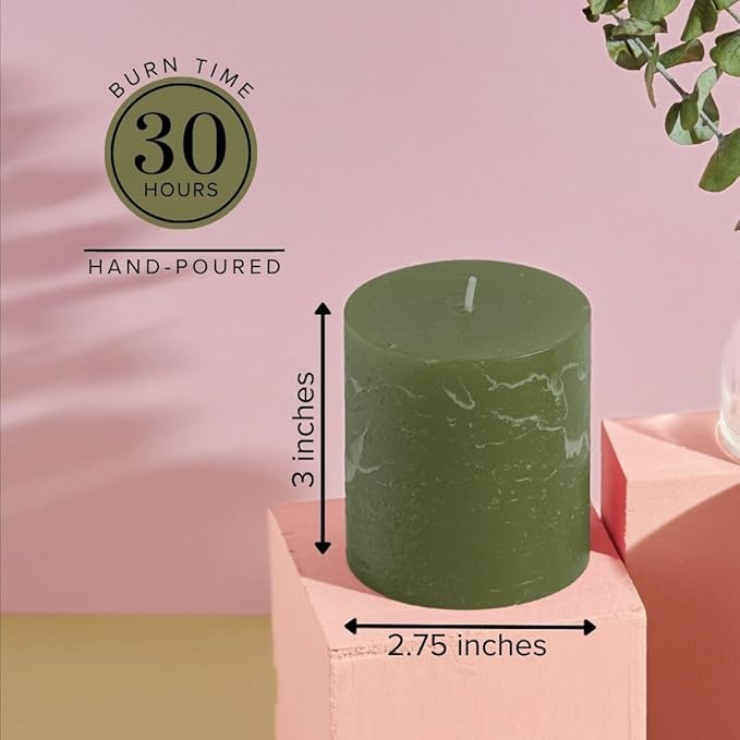 Simply Soson 3x3 inch Dark Moss Green Pillar Candles Set of 3, Rustic Texture, Unscented Green