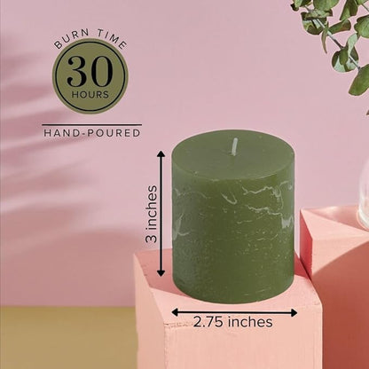 Simply Soson 3x3 inch Dark Moss Green Pillar Candles Set of 3, Rustic Texture, Unscented Green