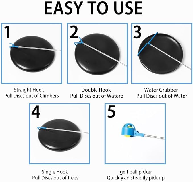 MD 5 in 1 Extendable Disc Golf Retriever. (16FT) Telescopic Disc Golf Retriever Durable Stainless