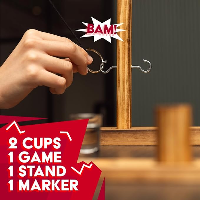Premium Wooden Swing Ring Hook Game Set with Shot Glasses – Indoor/Outdoor Fun for Adults, Kids