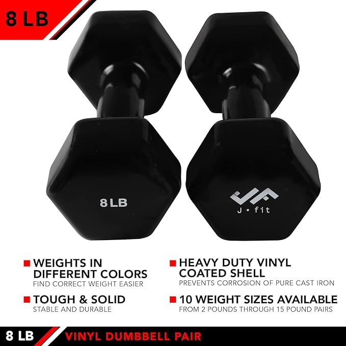 JFIT Dumbbell Pairs or Sets – Neoprene & Vinyl Coated Hand Weights for Home Gym, Strength Training