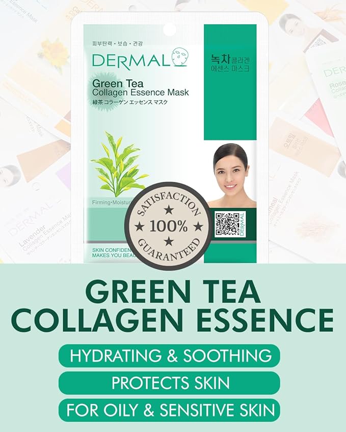 DERMAL Green Tea Collagen Essence Facial Mask Sheet 23g Pack of 10 - Hydrating and Soothing for