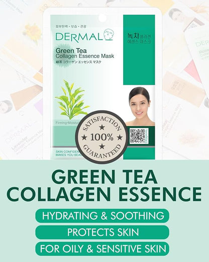 DERMAL Green Tea Collagen Essence Facial Mask Sheet 23g Pack of 10 - Hydrating and Soothing for