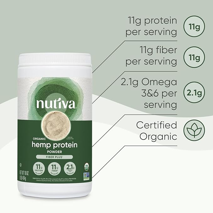 Nutiva USDA Organic Cold-Pressed Hemp Seed Plant Protein Powder, 16 Ounce, Fiber Plus with