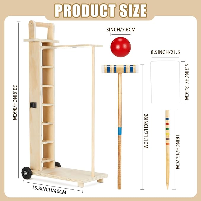 Hiboom 6 Player Croquet Set for Adults & Kids with Wooden Stand, Rubber Wooden Mallets, Colored