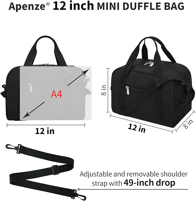 Small Gym Bag Carry On Bag - 12 in Mini Duffle Bag Lightweight for Overnight Travel（Black）