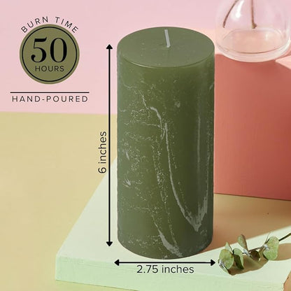 Simply Soson 3x6 inch Dark Moss Green Pillar Candles Set of 3, Rustic Texture, Unscented Green