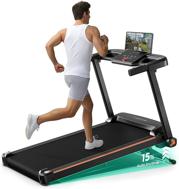 Treadmill with 0-15% Auto Incline, 3.5HP Quiet Brushless Foldable Treadmills for Home, Small Space