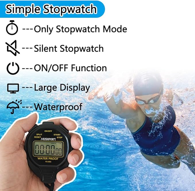 Waterproof Stopwatch Timer Only Stopwatch Mode, ON/Off Silent Simple Operation, Without Clock Date