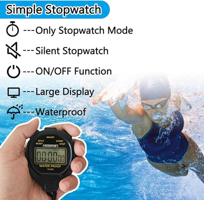 Waterproof Stopwatch Timer Only Stopwatch Mode, ON/Off Silent Simple Operation, Without Clock Date