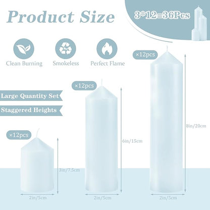 36 Pcs Blue Pillar Candles Bulk Set，Hurricane Candlesï¼? Different Lengths (12 Each)，Dripless