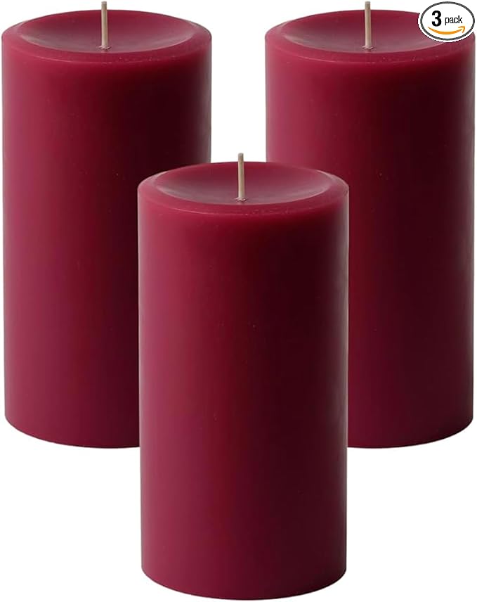 Mister Candle Dripless Unscented Pillar Candles, Set of 3 Hand Poured Burgundy Pillar Candles