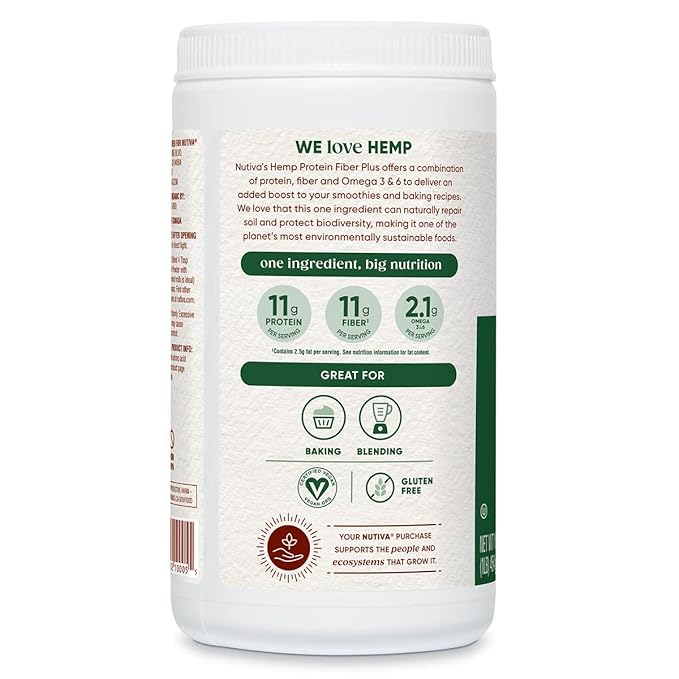 Nutiva USDA Organic Cold-Pressed Hemp Seed Plant Protein Powder, 16 Ounce, Fiber Plus with