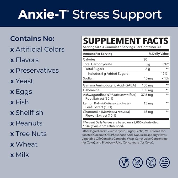 Anxie-T - Stress Relief Gummy - Vitamin Supplement for Mood & Mental Focus Support - Feel Calm and