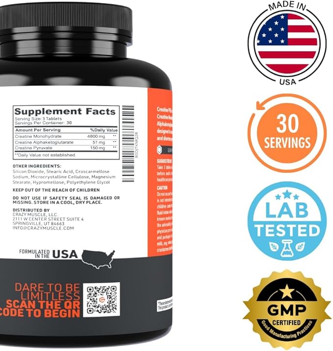 Crazy Muscle, Creatine Pills, 5g 3X Pure Creatine Monohydrate, Pre Workout Bulk Muscle Mass Gainer