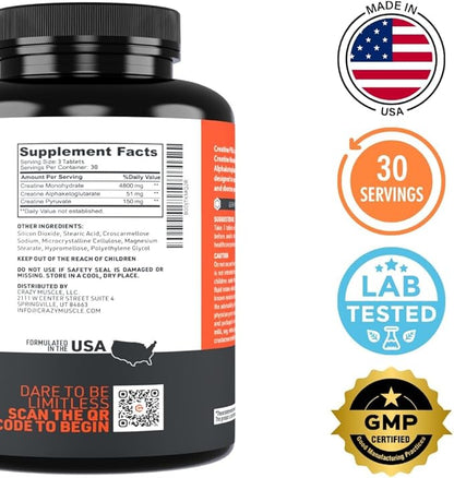 Crazy Muscle, Creatine Pills, 5g 3X Pure Creatine Monohydrate, Pre Workout Bulk Muscle Mass Gainer