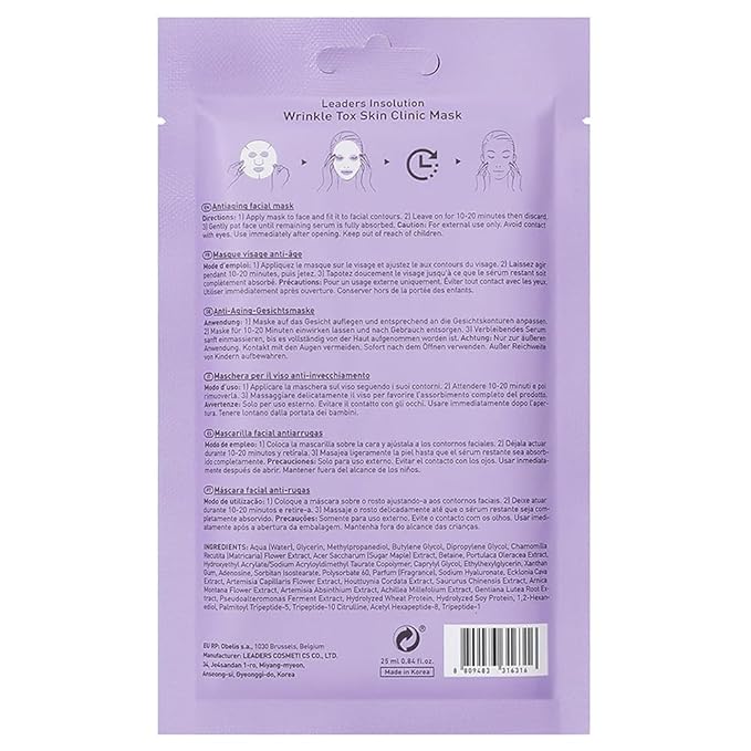 Leaders Insolution Wrinkle Tox Skin Clinic Mask | Adenosine-Infused Anti-Aging Facial Sheet for