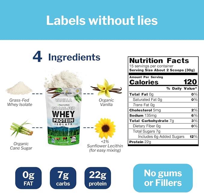 Opportuniteas Grass Fed Vanilla Whey Protein Isolate Powder - 22g Protein Powder Without Artificial