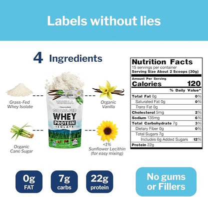 Opportuniteas Grass Fed Vanilla Whey Protein Isolate Powder - 22g Protein Powder Without Artificial