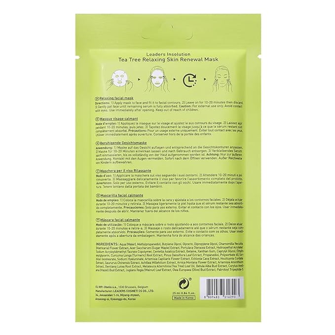 Leaders Insolution Tea Tree Relaxing Skin Renewal Mask | Soothing Facial Sheet for Acne, Oil