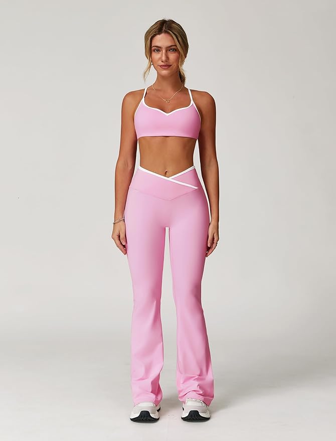ABOCIW Workout Sets for Women 2 Piece Color Block Strappy Sports Bra High Waist Leggings Gym Yoga
