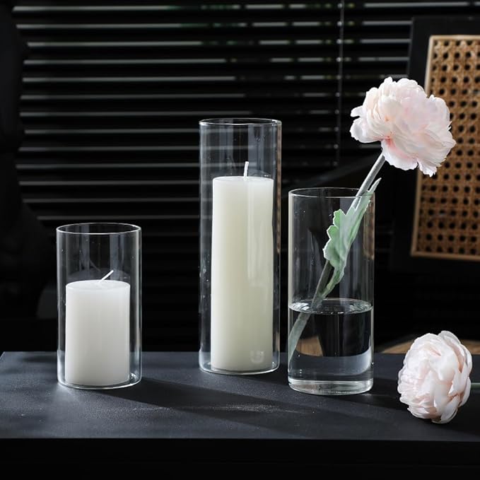 24 Pcs White Pillar Candles and Glass Candle Holders, Clear Cylinder Vases Pillar Candle Holders