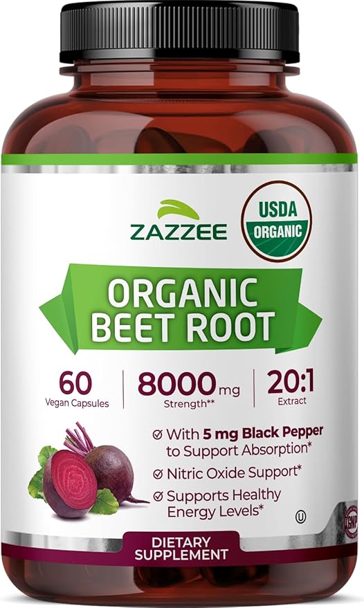 Zazzee USDA Organic Beet Root 8000 mg Strength 20:1 Extract, 60 Vegan Quick Release Capsules, Black