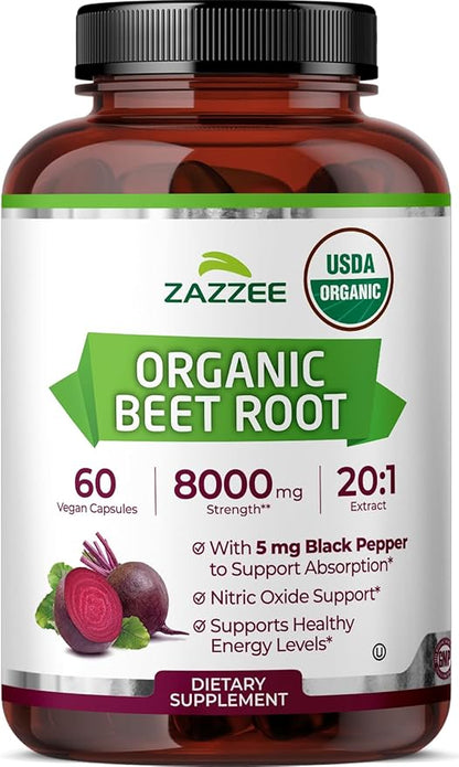 Zazzee USDA Organic Beet Root 8000 mg Strength 20:1 Extract, 60 Vegan Quick Release Capsules, Black
