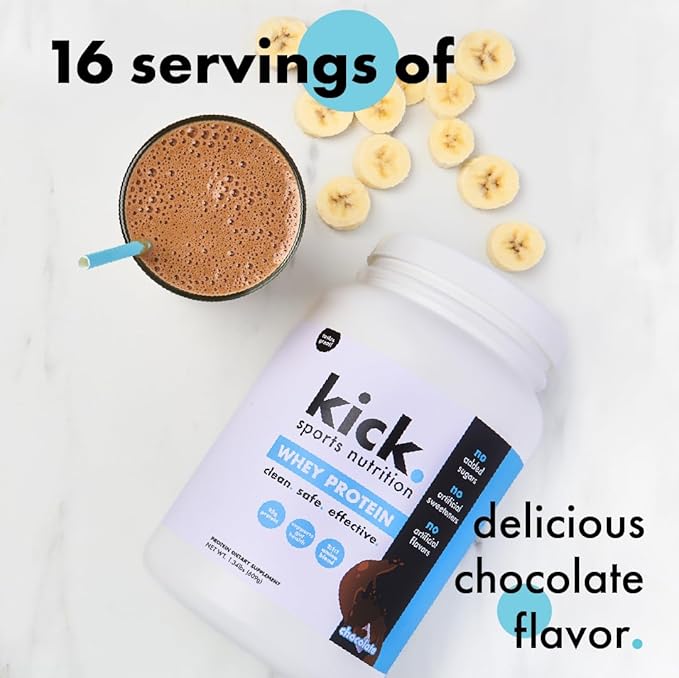 Kick Whey Protein Powder, Chocolate Flavor, 25 G Protein Gluten Free Workout Supplement with Amino