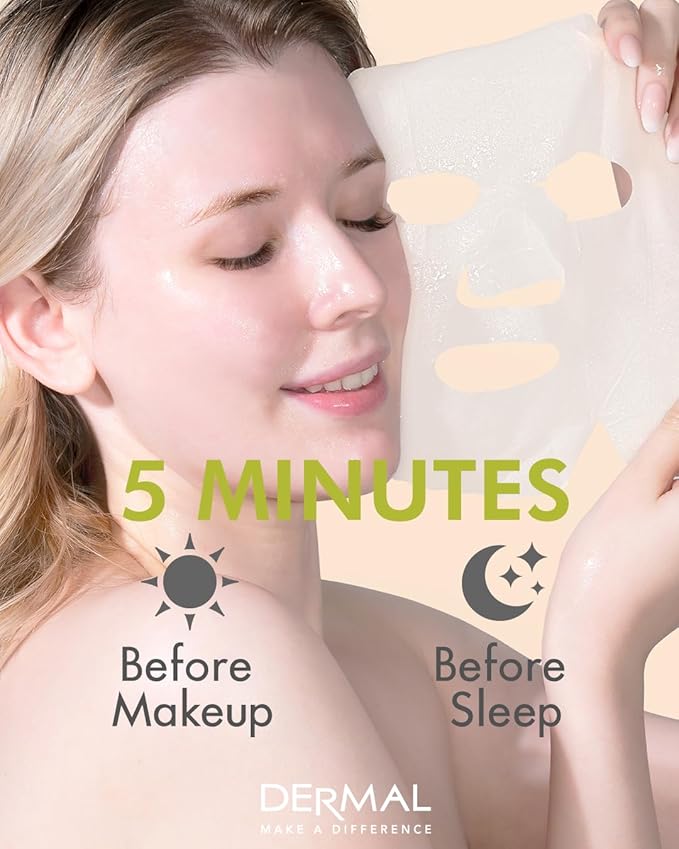 DERMAL Bamboo Collagen Essence Facial Mask Sheet 23g Pack of 10 - Hydrating & Calming, For Dewy and