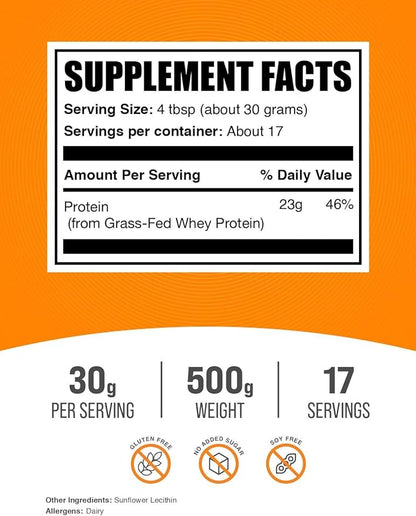 BulkSupplements.com Grass Fed Whey Protein Powder - Whey Protein Concentrate Powder - Unflavored &