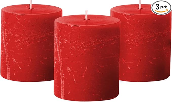 Simply Soson Red Rustic Texture Pillar Candles 3x3 inch - Set of 3 - Unscented Decorative Red