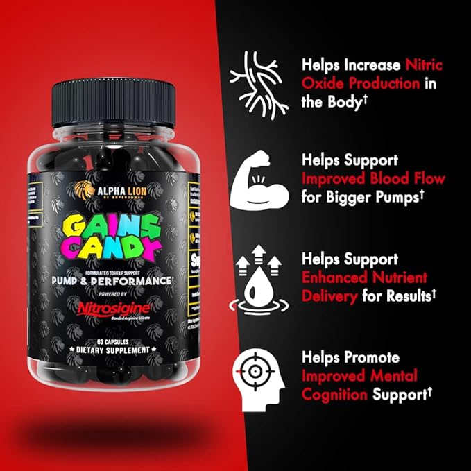 ALPHA LION Gains Candy, Supplement Pills for Muscle Pump & Blood Flow, Nitric Oxide Booster