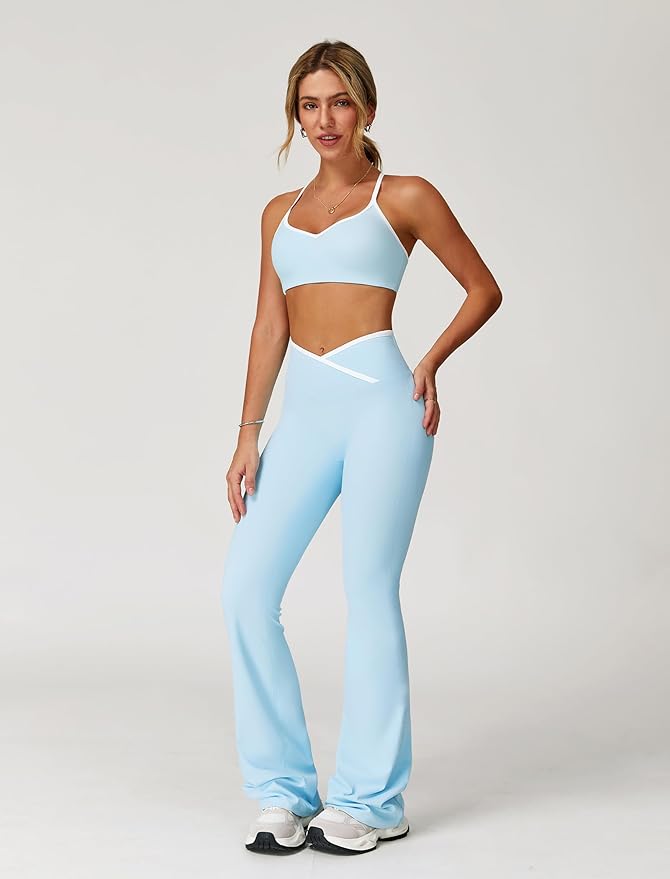 ABOCIW Workout Sets for Women 2 Piece Color Block Strappy Sports Bra High Waist Leggings Gym Yoga