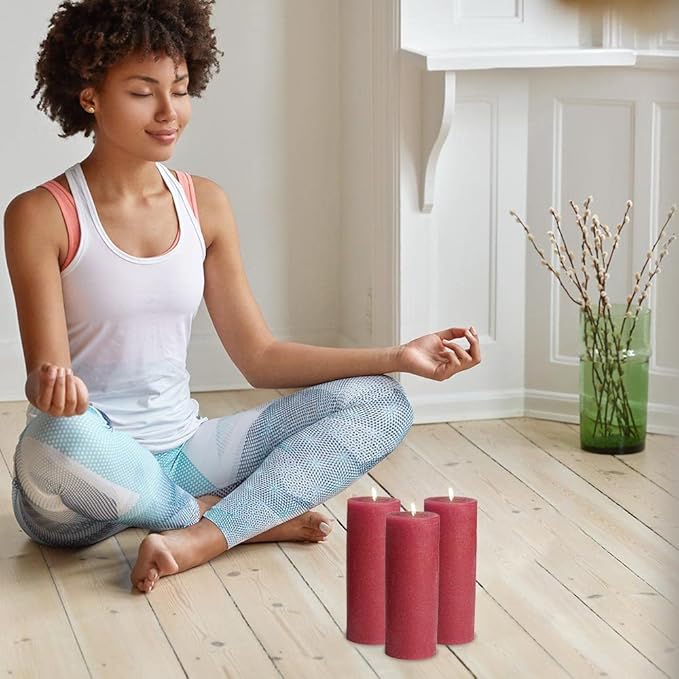 Mottled Pillar Candles by Bask - Set of 6-3" x 6" Dripless Unscented Holiday Candles in Cranberry