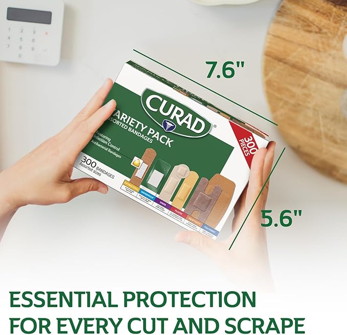 CURAD Assorted Bandages Variety Pack, 300 Count, 6 Styles Including Antibacterial, Waterproof