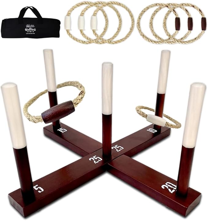 SWOOC Games - Rustic Ring Toss Game (All Weather) - Easy Setup & Extra Games Included - Ring Toss