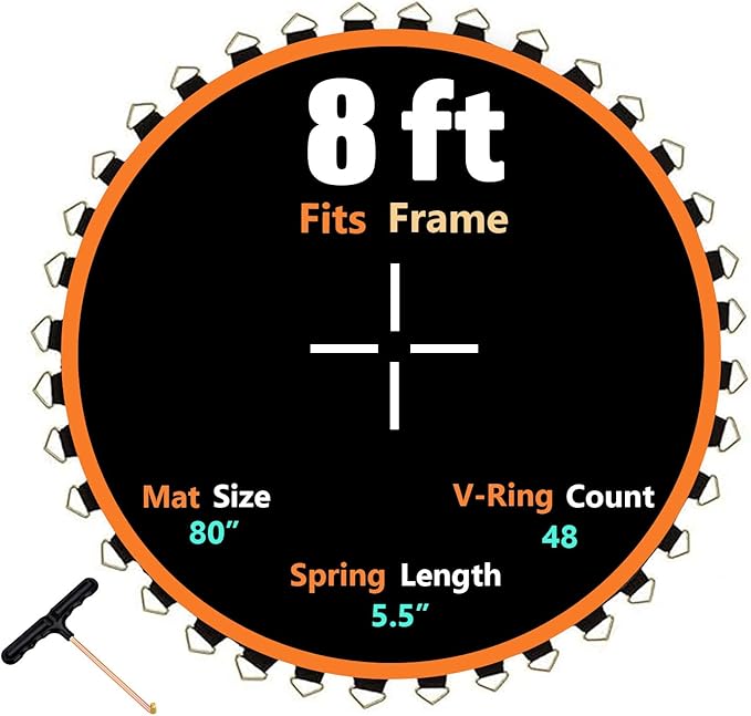 Trampoline Mat, Dia:80", Fits 8FT Round Frame, with 48 V-Rings and Spring Tool, Replacement Jumping