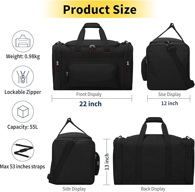 22 inch Gym Bag for Men - 55L Large Travel Duffle Bag Sports Equipment Bag with Multiple Zippered