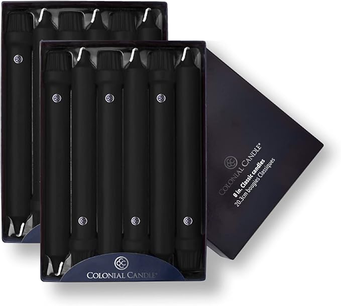 Colonial Candle Unscented Taper Candle, Classic Collection, Black, 8 In, Pack of 12 - Up to 6 Hours