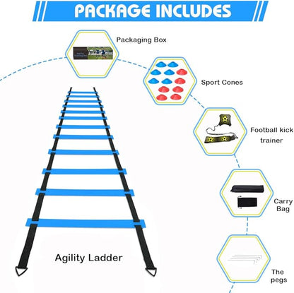 Soccer Speed Agility Training Set - 20FT Agility Ladder 12/16 Sports Cones and Soccer Kick Trainer