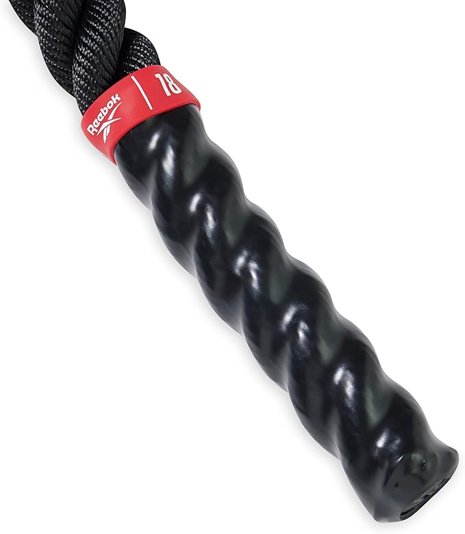 Reebok 18 ft Battle Rope, 1.5" Thick Exercise Rope for Home Gym Workout, Anti-Slip Handles for