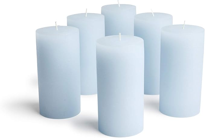 Mottled Pillar Candles by Bask - Set of 6-3" x 6" Dripless Unscented Candles in Light Blue for Home